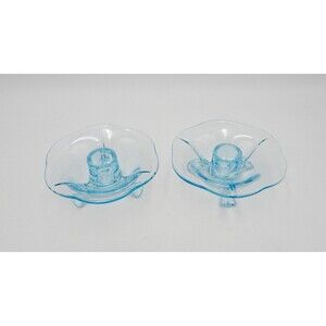 Fostoria Fairfax Azure Blue #2394 Pair 4-1/2 Inch 3-Toed Candle Holder Taper